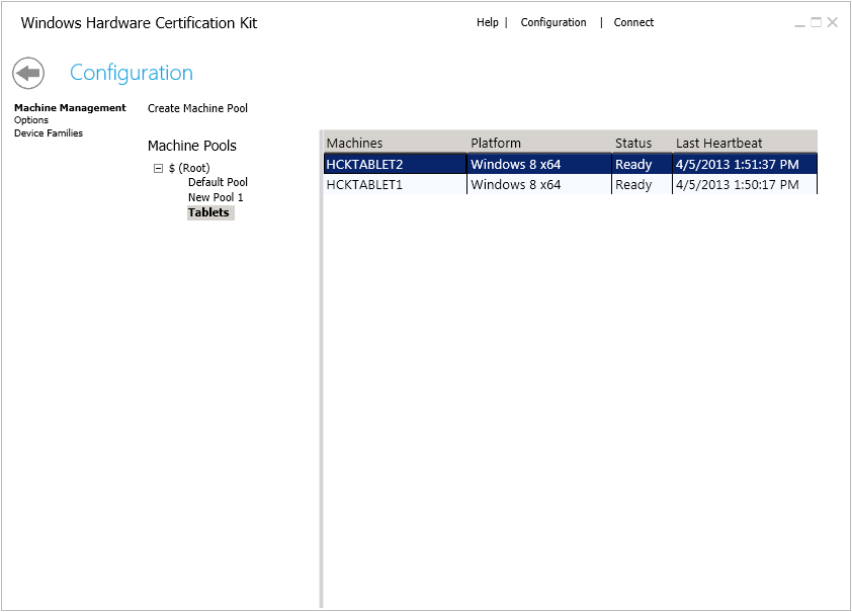 HCK Studio Configuration Machine Management Tab