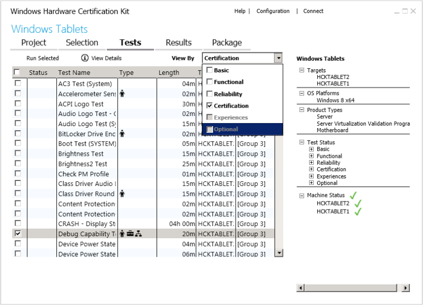 HCK 2.1 Studio Tests Tab