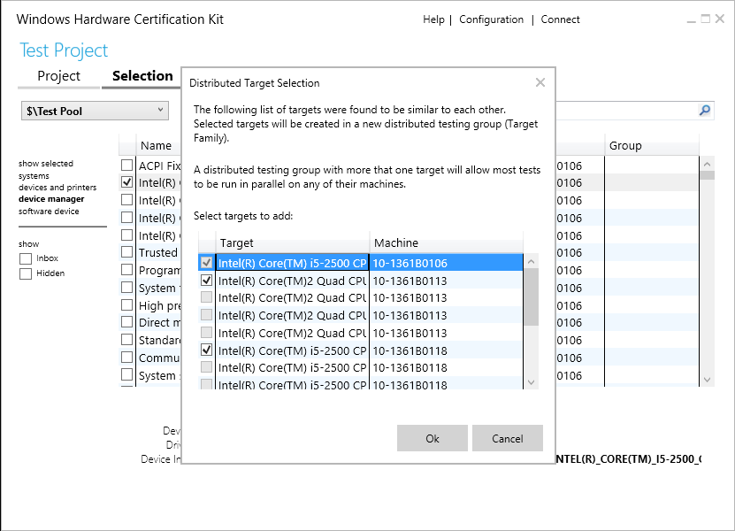 HCK Selection Distributed Target Selection Dialog